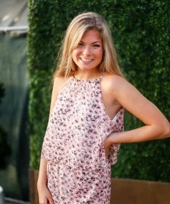 Davi & Dani Women's Clothing Pink Leopard Print Halter Romper