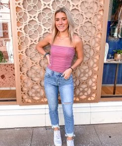 Blue Blush Pink Mesh Ruched Bodysuit Women's Clothing