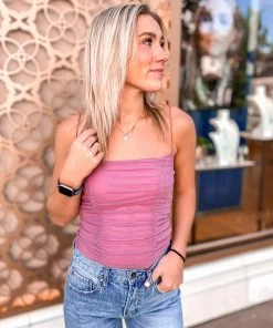 Blue Blush Pink Mesh Ruched Bodysuit Women's Clothing