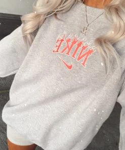 Vintage Distressed Pink Flames Crewneck Sweatshirt Women's Clothing