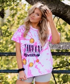 Vintage Distressed Pink Nirvana Smiley Face Graphic Tee Women's Clothing