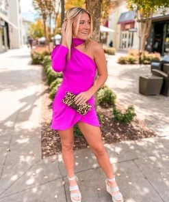 Do + Be Pink One Shoulder Mock Neck Dress Women's Clothing