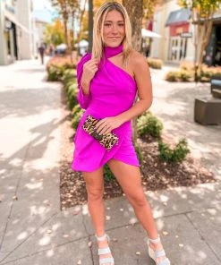 Do + Be Pink One Shoulder Mock Neck Dress Women's Clothing