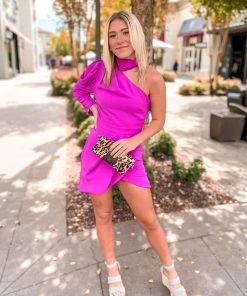 Do + Be Pink One Shoulder Mock Neck Dress Women's Clothing