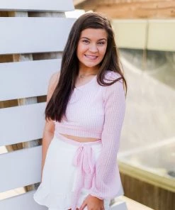 Blue Blush Pink Plaid One Shoulder Side Tie Top Women's Clothing