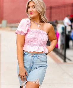 Le Lis Pink Puff Sleeve Smocked Top