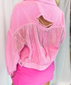 Veveret Pink Rhinestone Fringe Denim Jacket