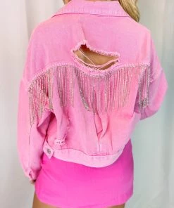 Veveret Pink Rhinestone Fringe Denim Jacket