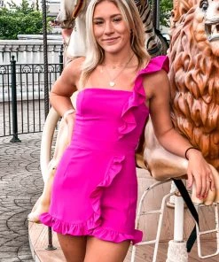 Do + Be Hot Pink One Shoulder Ruffle Romper