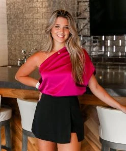 Do + Be Pink Satin One Shoulder Drape Blouse Women's Clothing