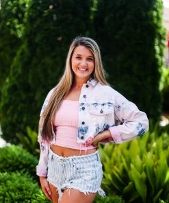 Signature 8 Tie Dye Denim Jacket With Pink Distressing Women's Clothing