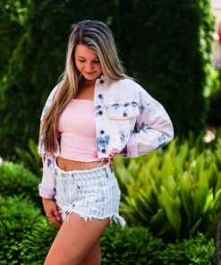 Signature 8 Tie Dye Denim Jacket With Pink Distressing Women's Clothing