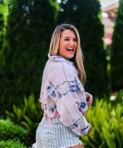 Signature 8 Tie Dye Denim Jacket With Pink Distressing Women's Clothing