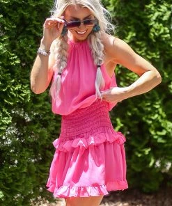 Do + Be Pink Smocked Waist Mini Dress