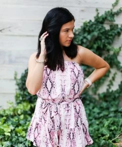 She & Sky Pink Snake Skin Strapless Romper