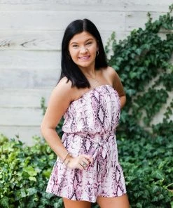 She & Sky Pink Snake Skin Strapless Romper