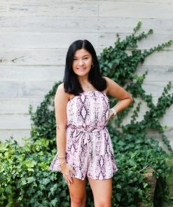 She & Sky Pink Snake Skin Strapless Romper