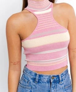 Le Lis Pink Striped Mock Neck Sleeveless Knit Top Women's Clothing