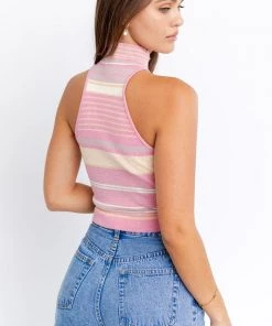 Le Lis Pink Striped Mock Neck Sleeveless Knit Top Women's Clothing