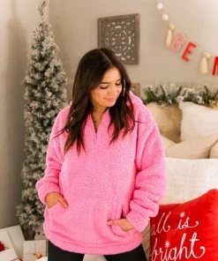 Zeanna Pink Teddy Half Zip Pullover
