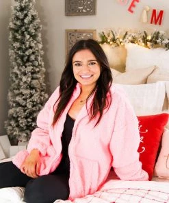 Zeanna Women's Clothing Pink Teddy Zip Up Jacket