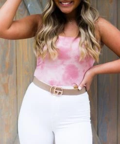 HYFVE Pink Tie Dye Ruffle Strap Bodysuit Women's Clothing