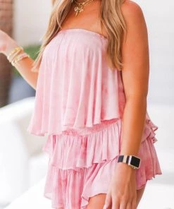 Mustard Seed Women's Clothing Pink Tie Dye Strapless Ruffle Romper