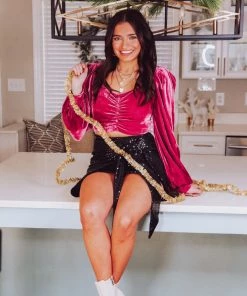 HYFVE Pink Velvet Puff Sleeve Crop Top