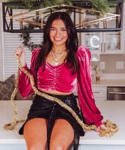 HYFVE Pink Velvet Puff Sleeve Crop Top