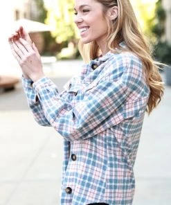 Veveret Pink And Blue Button Down Flannel Shacket Women's Clothing