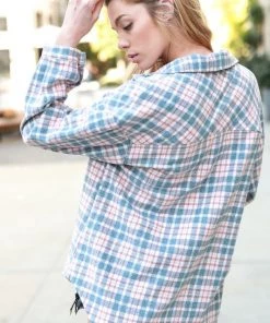Veveret Pink And Blue Button Down Flannel Shacket Women's Clothing