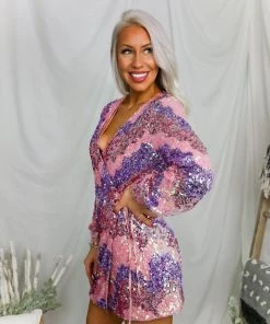 Storia Pink And Purple Sequin Long Sleeve Wrap Dress 10 Storia Pink And Purple Sequin Long Sleeve Wrap Dress