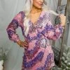 Storia Pink And Purple Sequin Long Sleeve Wrap Dress
