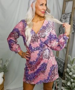 Storia Pink And Purple Sequin Long Sleeve Wrap Dress
