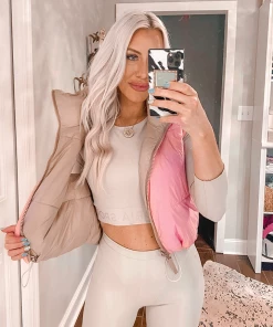 Adele B Pink And Tan Reversible Puffer Vest Women's Clothing