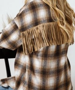 Blue B Tan Plaid Studded Fringe Jacket