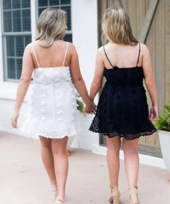 HYFVE Women's Clothing Pom Pom Textured Mini Ruffle Hem Dress - Off White