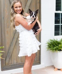 HYFVE Women's Clothing Pom Pom Textured Mini Ruffle Hem Dress - Off White