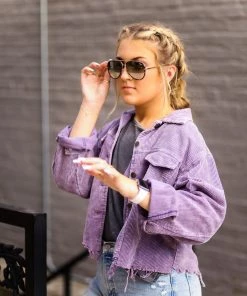 POL Women's Clothing Purple Corduroy Distressed Hem Jacket