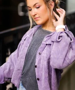 POL Women's Clothing Purple Corduroy Distressed Hem Jacket