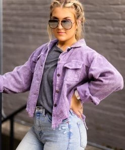 POL Women's Clothing Purple Corduroy Distressed Hem Jacket