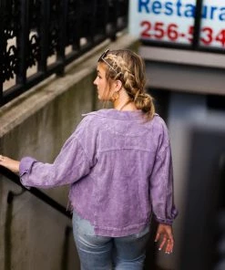 POL Women's Clothing Purple Corduroy Distressed Hem Jacket