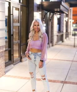 Blue Blush Purple Mesh Dot Long Sleeve Crop Top Women's Clothing