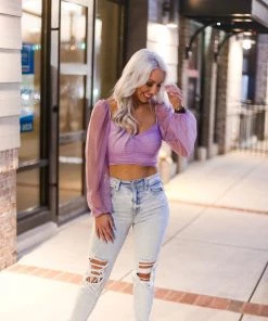 Blue Blush Purple Mesh Dot Long Sleeve Crop Top Women's Clothing