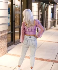 Blue Blush Purple Mesh Dot Long Sleeve Crop Top Women's Clothing