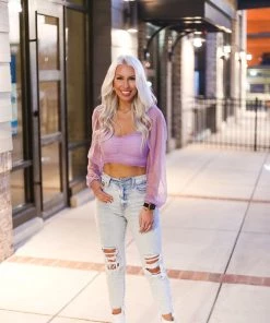 Blue Blush Purple Mesh Dot Long Sleeve Crop Top Women's Clothing