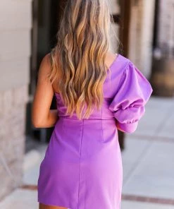 Do + Be Women's Clothing Purple One Shoulder Puff Sleeve Mini Dress