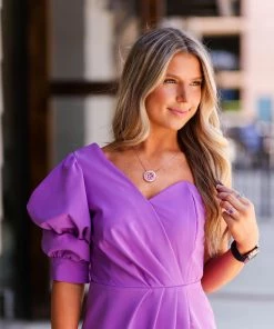 Do + Be Women's Clothing Purple One Shoulder Puff Sleeve Mini Dress
