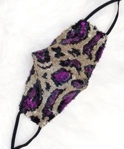 Hana Purple And Gold Leopard Sequin Face Mask Women's Clothing