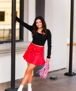 Glam Women's Clothing Red Faux Leather Ruffle Mini Skort